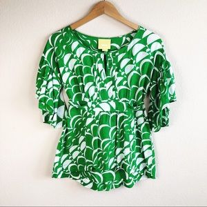 Anthropologie Maeve Green & White Tie Back Blouse